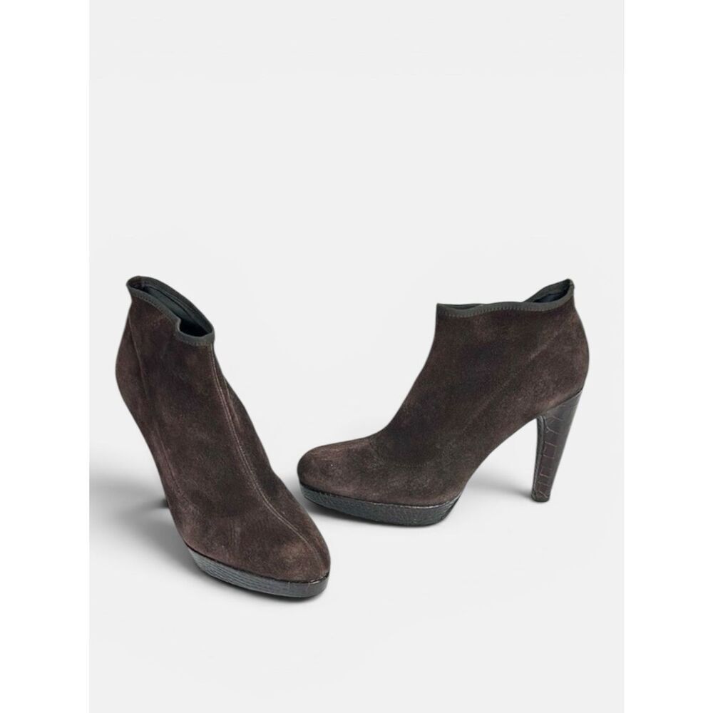 Stuart Weitzman Sockemup Platform Bootie High Heels Cola Brown Suede US 7,5